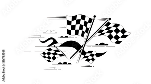 Finish Line: Checkered flags wave in the wind, a symbol of victory and achievement. Illustrating the triumph and the culmination of a journey, representing the end of a race or competition. 