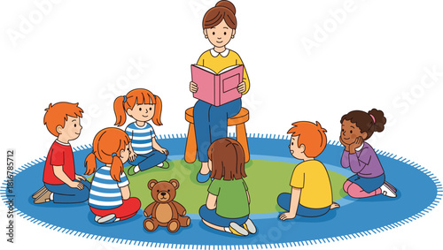 Teacher reading a book to a diverse group of young children sitting on a rug, symbolizing early childhood education, storytelling, kindergarten lesson, and interactive learning activity