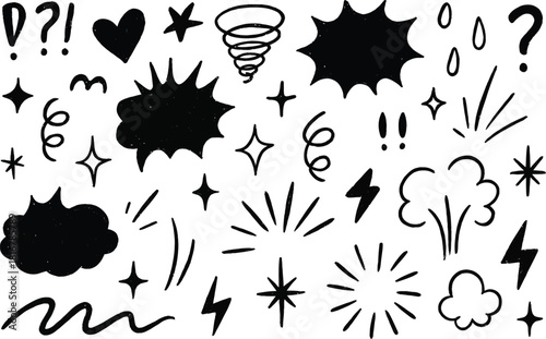 Line speed cartoon effect, boom explosive motion line element set. Comic boom burst, explosive smoke, line speed cartoon vector icon. Hand drawn sketch doodle action effect.