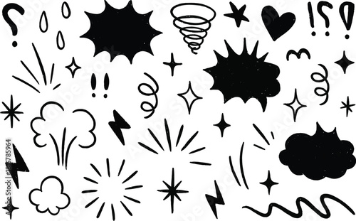 Line speed cartoon effect, boom explosive motion line element set. Comic boom burst, explosive smoke, line speed cartoon vector icon. Hand drawn sketch doodle action effect.