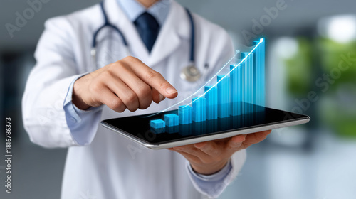 Wallpaper Mural Doctor or healthcare professional in a white coat holding a digital tablet and touching a projected, three dimensional, ascending blue bar chart, symbolizing successful medical business growth Torontodigital.ca
