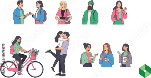 Set of diverse young people characters engaging in various daily activities, symbolizing friendship, urban lifestyle, modern relationships, dating, and casual interaction moments