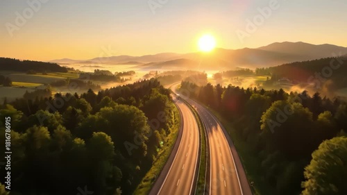 Truck driving on highway through green forest at sunrise with mountains