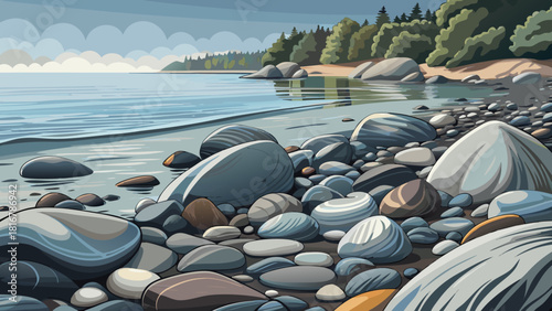 Very beautiful close-up of smooth, grey-toned pebbles on a Lake Superior beach, highlighting the natural stone textures, gentle erosion patterns, and the calm, serene lakeside atmosphere.