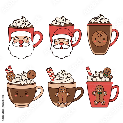 Festive hot chocolate cups with christmas characters and gingerbread man drawings in seasonal spirit
