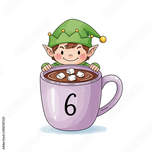 Whimsical Christmas elf illustration holding a cocoa cup with marshmallows and the number six design