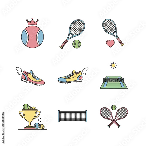 Stylized playful tennis icons and equipment arrangement capturing the game's essence and charm