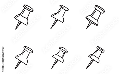 Set of Six Push Pins Illustration in Minimalist Line Art Style
