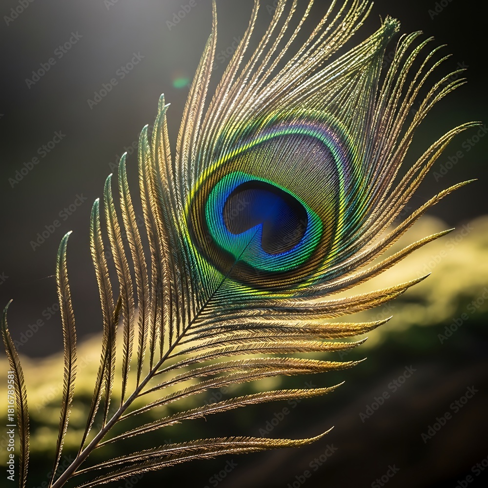 Obraz premium Close-up of a Peacock Feather with Intricate Details and Vibrant Colors.