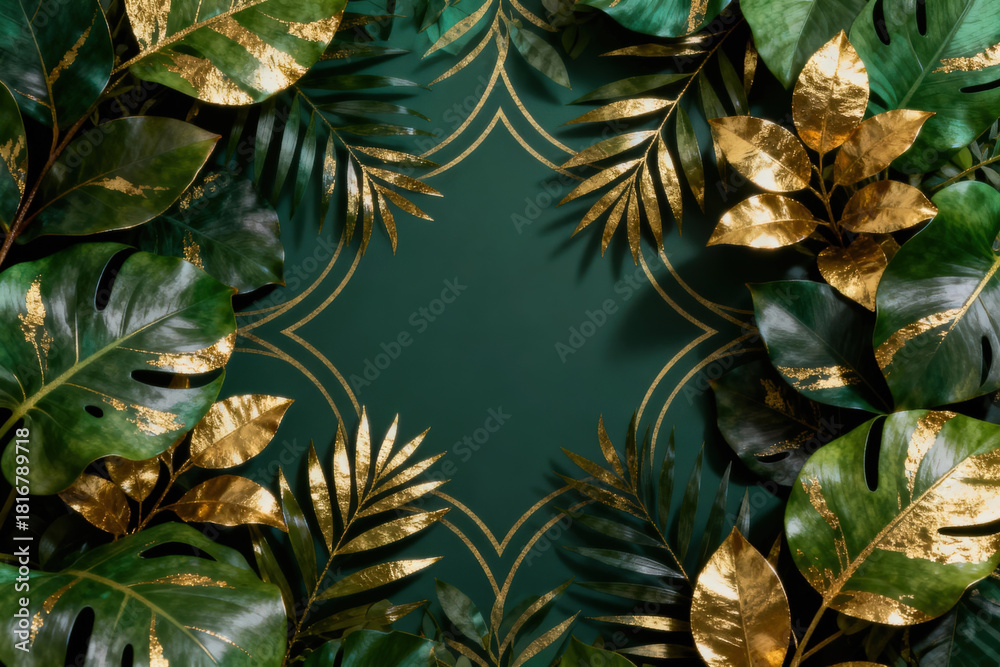 Fototapeta premium Luxury botanical background with green and gold tropical leaves, elegant decorative pattern