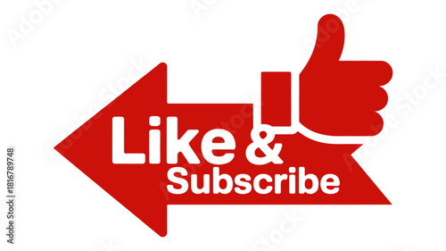 Red 'like & subscribe' button graphic with a thumbs-up icon, left-pointing arrow, for social media, online content, and digital engagement.