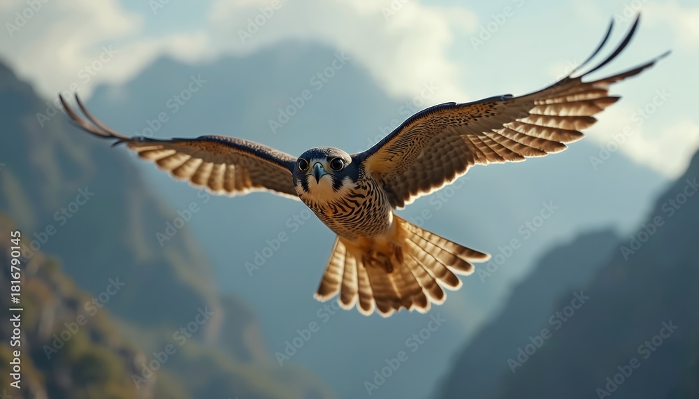 Fototapeta premium Peregrine falcon in mid-air flight with outstretched wings against a blue sky and mountainous landscape. Bird of prey flies with intense gaze and sharp talons. Wings spread wide in a powerful motion.