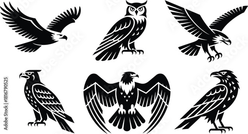 Powerful Black and White Vector Set of Birds of Prey: Eagles, Hawks, and Owl Silhouettes, Representing Freedom, Strength, Hunting, and Wild Nature.