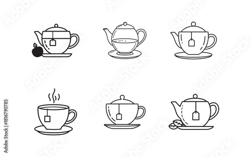 Tea Time Icons Vector Illustration Outline Drawing Style Various Teapots Cups