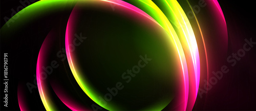 Abstract vibrant layers create flowing curves. Neon colors blend, forming dynamic visual effect. Dark background emphasizes luminosity.
