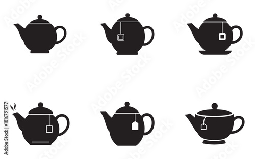 Variety of Black Teapot Icons Collection Vector Illustration on White Background