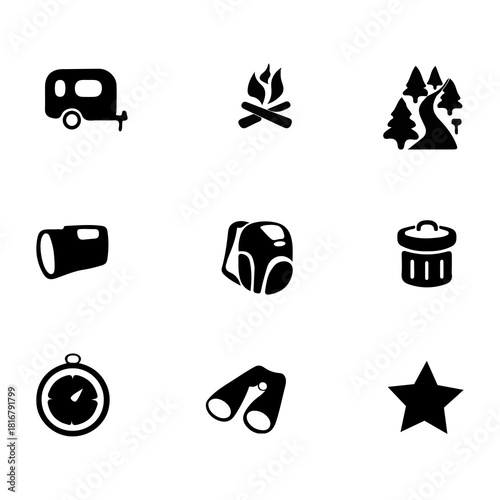 Collection of camping and outdoor adventure icons on a white background