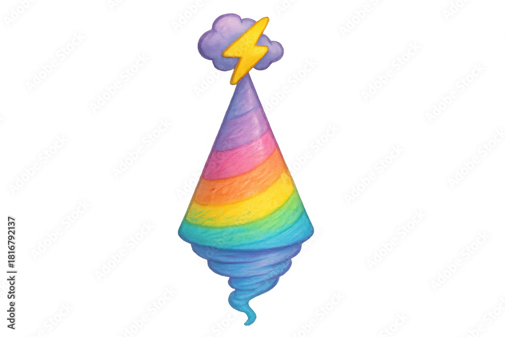 Naklejka premium Rainbow tornado with storm cloud and lightning bolt, representing powerful colorful weather and climate events