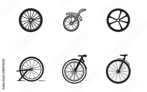 Various black bicycle parts design set on a white background