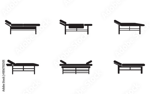 Various massage tables and spa beds in simple black silhouette style
