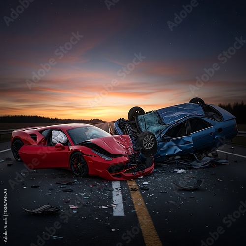 A red sports car and a blue sedan, both severely damaged after a collision, lie on a highway as the sun sets. The sky is filled with colors