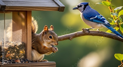 A red squirrel eats from a bird feeder while a blue jay perches nearby on a branch, both in an outdoor setting