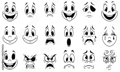 Cartoon face expressions collection black and white illustration