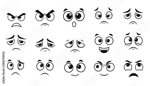 Cartoon faces with different emotions black and white
