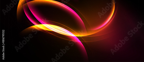 Abstract design features vibrant curves, flowing lines. Pink, orange hues dominate dark background. Dynamic, modern aesthetic.