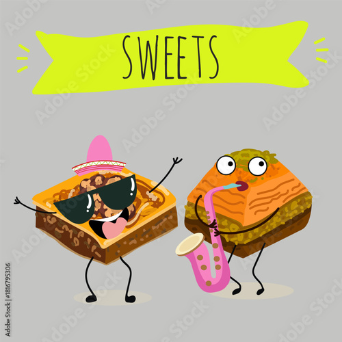 Funny Characters Turkish Traditional desserts pistachio baklava, hand drawn vector illustration.