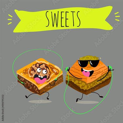 Funny Characters Turkish Traditional desserts pistachio baklava, hand drawn vector illustration.