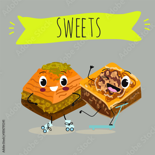 Funny Characters Turkish Traditional desserts pistachio baklava, hand drawn vector illustration.