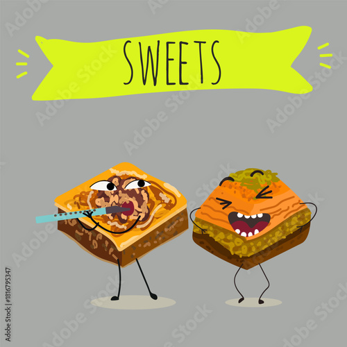 Funny Characters Turkish Traditional desserts pistachio baklava, hand drawn vector illustration.