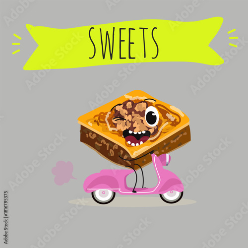 Funny Characters Turkish Traditional desserts pistachio baklava, hand drawn vector illustration.