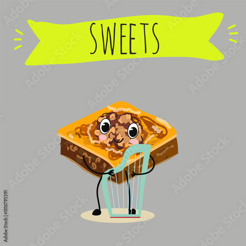 Funny Characters Turkish Traditional desserts pistachio baklava, hand drawn vector illustration.