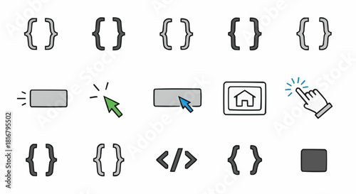 A set of various web development elements and interface icons, suitable for design and coding, in multiple styles