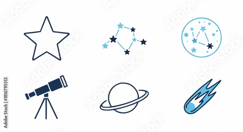 Collection of Space and Astronomy Icons Including Stars, Constellations, Telescope, Planet, and Comet