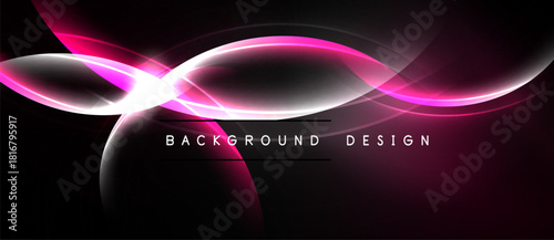 Abstract design features flowing pink lines, white highlights against dark background. Text reads background design. Modern, dynamic visual.