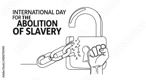 Broken chains and an open padlock symbolize freedom alongside a slavery abolition message