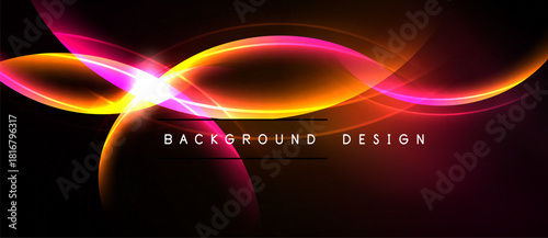 Abstract design features vibrant curves, glowing lines, bright burst. Dark background enhances colorful energy, modern aesthetic.