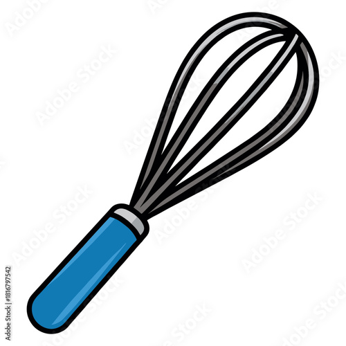 Illustration of a bluehandled wire whisk for cooking and baking.