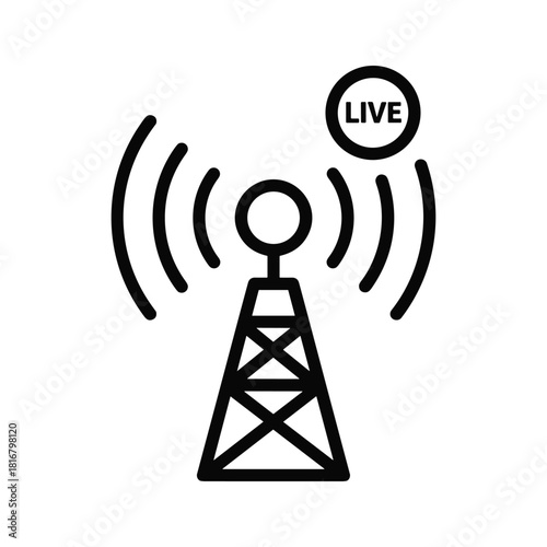 Simple line icon of a radio transmission tower broadcasting a live signal, isolated on