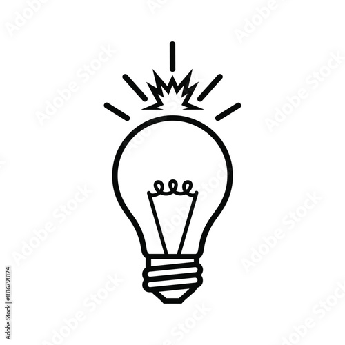 Simple black and white line art icon of a glowing light bulb symbolizing a new idea, innovation, or solution, isolated on