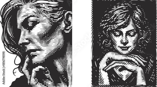 Black Linocut Woman Portraits: Engraved Vector Illustrations of Calm Middle-Aged Woman, Ideal for Vintage Comic Art, Woodcut Style Graphics, and Print Design