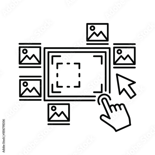 Line icon representing image selection, cropping, or photo editing interface with a hand cursor interaction