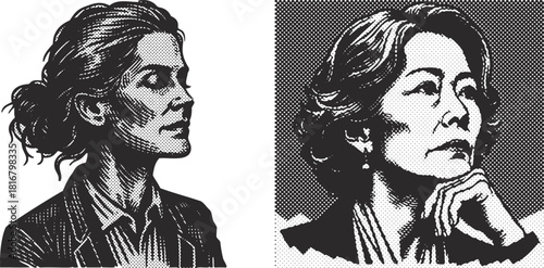 Halftone Portrait Calm Middle-Aged Woman Engraving Professional Lady Boss Art Print Tattoo Style