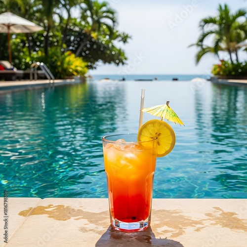 A refreshing cocktail with a lemon garnish sits poolside with the ocean in the background. Palm trees and umbrellas add to the tropical ambiance