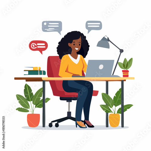 African American Woman Working Remotely on Laptop at Home Office Desk with Chat Bubbles, Flat Vector Illustration