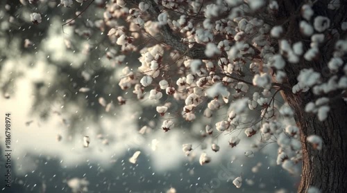 Cotton tree in full bloom casting a soft, ethereal glow on a winter day