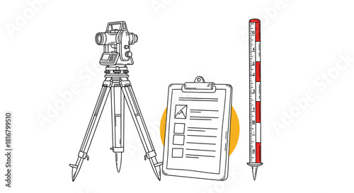 Surveying equipment on a white background features a theodolite, clipboard, and leveling rod used for field measurements.